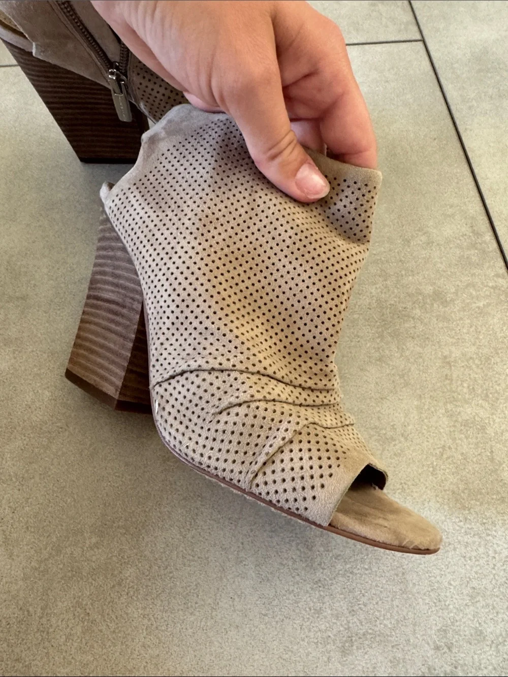 Vince Camuto Taupe Perforated Peep-Toe Block Heel Sandals